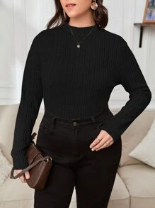 SHEIN Essnce Plus Ribbed Knit Mock Neck Tee - Black - View 1