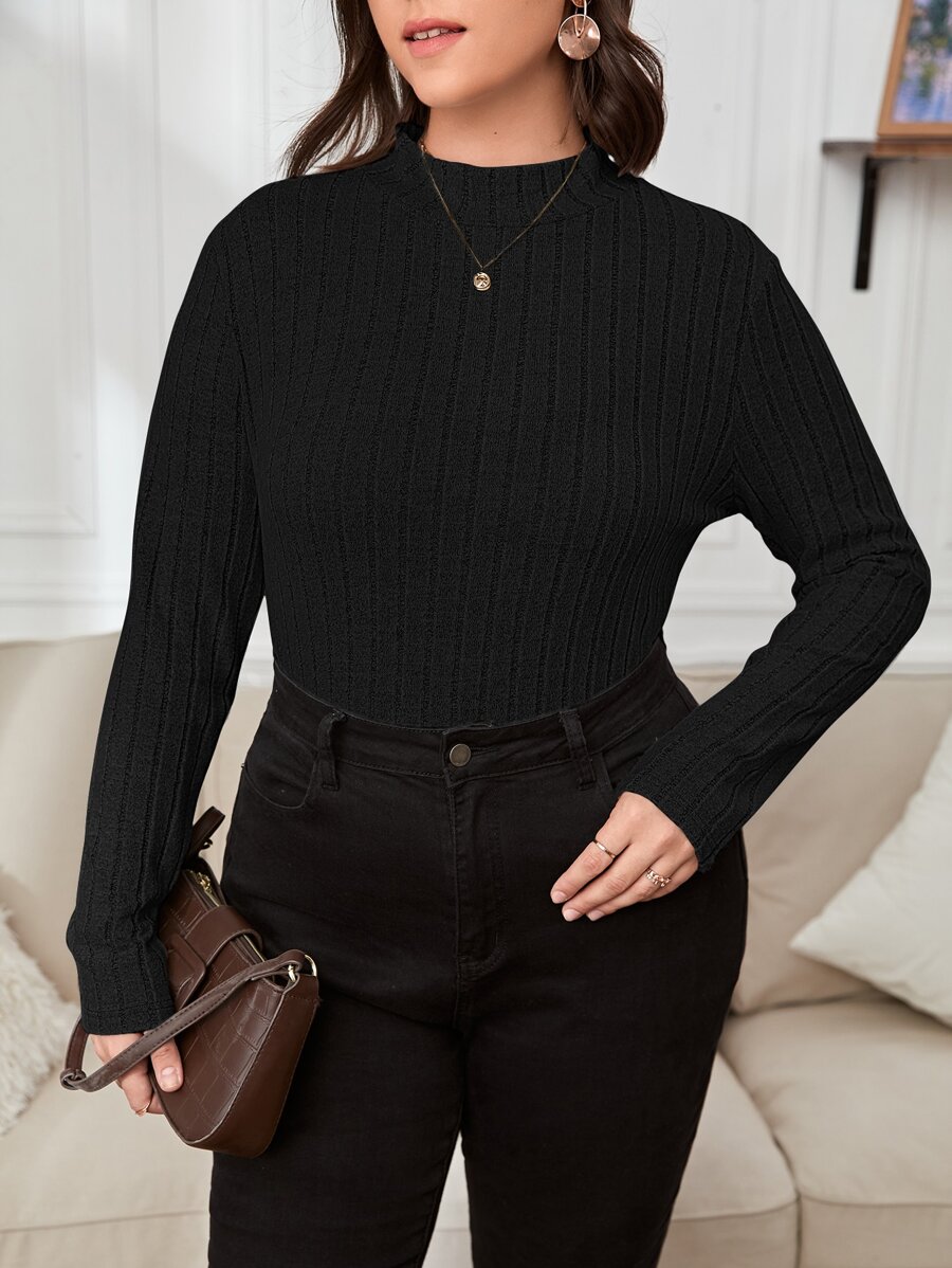 SHEIN Essnce Plus Ribbed Knit Mock Neck Tee - Black - View 1
