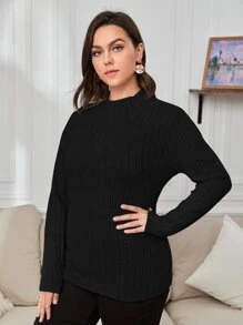 SHEIN Essnce Plus Ribbed Knit Mock Neck Tee - Black - View 4