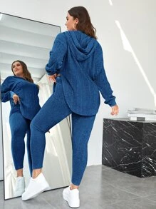 SHEIN Essnce Plus Hooded Drop Shoulder Sweatshirt & Leggings - Blue - View 2
