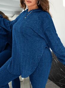 SHEIN Essnce Plus Hooded Drop Shoulder Sweatshirt & Leggings - Blue - View 4