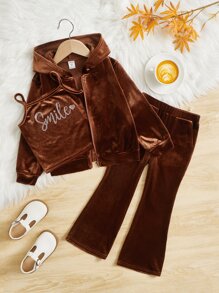 SHEIN 年輕女孩字母鑲嵌絨面夾克,配上背心上衣和褲子 - 咖啡棕 - 查看 1