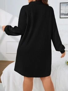 SHEIN Frenchy Plus Waffle Knit Patched Pocket Drop Shoulder Dress - Black - View 2