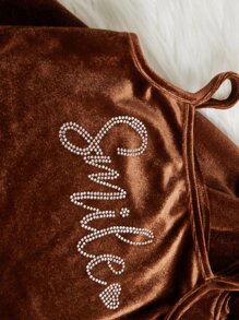 SHEIN 年輕女孩字母鑲嵌絨面夾克,配上背心上衣和褲子 - 咖啡棕 - 查看 3