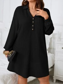 SHEIN Frenchy Plus Waffle Knit Patched Pocket Drop Shoulder Dress - Black - View 3