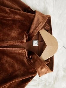 SHEIN 年輕女孩字母鑲嵌絨面夾克,配上背心上衣和褲子 - 咖啡棕 - 查看 5