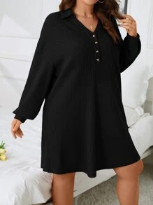 SHEIN Frenchy Plus Waffle Knit Patched Pocket Drop Shoulder Dress - Black - View 5