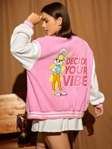 LOONEY TUNES X SHEIN Plus Cartoon & Letter Graphic Drop Shoulder Two Tone Bomber Jacket - Baby Pink - View 1