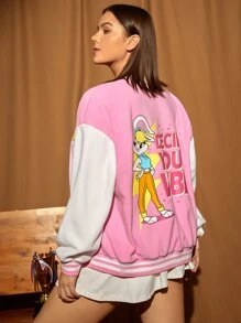 LOONEY TUNES X SHEIN Plus Cartoon & Letter Graphic Drop Shoulder Two Tone Bomber Jacket - Baby Pink - View 2