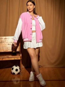 LOONEY TUNES X SHEIN Plus Cartoon & Letter Graphic Drop Shoulder Two Tone Bomber Jacket - Baby Pink - View 4