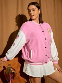 LOONEY TUNES X SHEIN Plus Cartoon & Letter Graphic Drop Shoulder Two Tone Bomber Jacket - Baby Pink - View 8