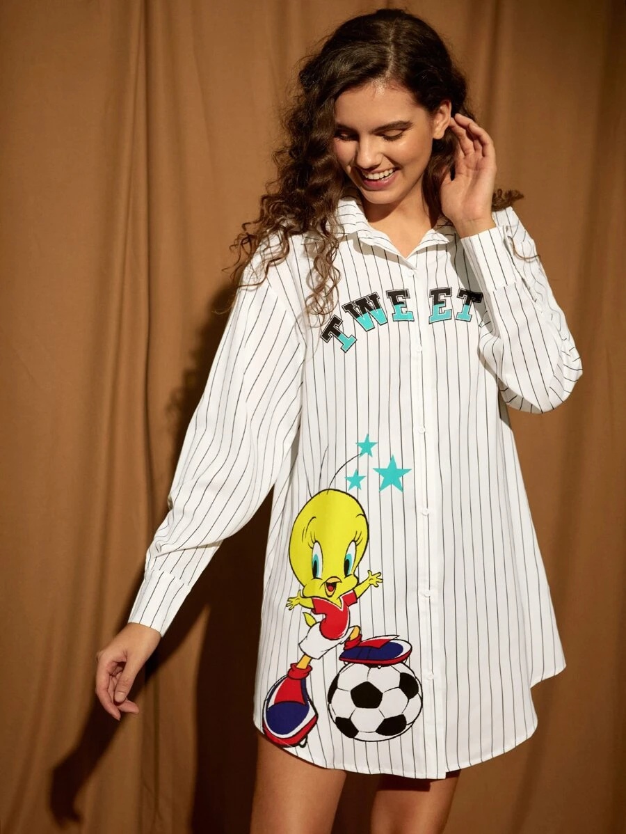 LOONEY TUNES X SHEIN Pinstriped & Cartoon Graphic Drop Shoulder Curved Hem Shirt Dress - White - View 1