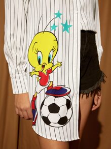 LOONEY TUNES X SHEIN Pinstriped & Cartoon Graphic Drop Shoulder Curved Hem Shirt Dress - White - View 7