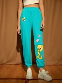 LOONEY TUNES X SHEIN Cartoon Graphic Joggers - Mint Blue - View 5