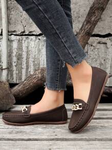 Chain Decor Slip-On Flat Loafers - Coffee Brown - View 2