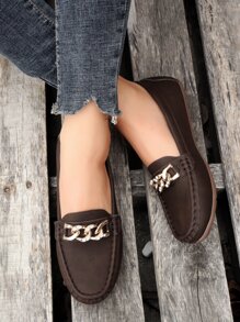 Chain Decor Slip-On Flat Loafers - Coffee Brown - View 3