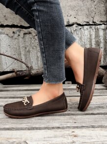 Chain Decor Slip-On Flat Loafers - Coffee Brown - View 4