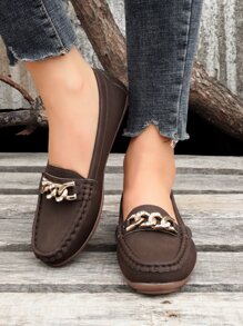 Chain Decor Slip-On Flat Loafers - Coffee Brown - View 6