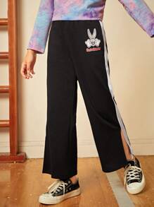 LOONEY TUNES X SHEIN Girls Rabbit & Letter Graphic Contrast Side Seam Split Hem Joggers - Black - View 1