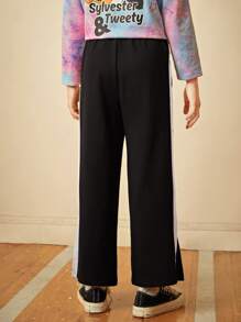 LOONEY TUNES X SHEIN Girls Rabbit & Letter Graphic Contrast Side Seam Split Hem Joggers - Black - View 2