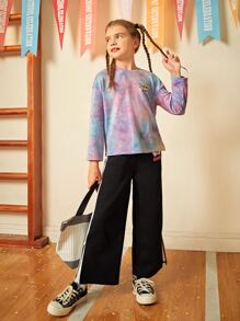 LOONEY TUNES X SHEIN Girls Rabbit & Letter Graphic Contrast Side Seam Split Hem Joggers - Black - View 3