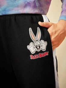 LOONEY TUNES X SHEIN Girls Rabbit & Letter Graphic Contrast Side Seam Split Hem Joggers - Black - View 4