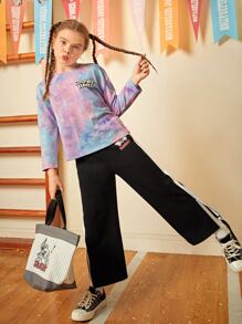 LOONEY TUNES X SHEIN Girls Rabbit & Letter Graphic Contrast Side Seam Split Hem Joggers - Black - View 5
