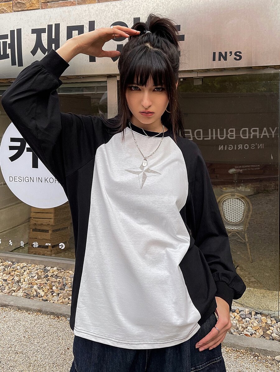 DAZY 撞色插肩袖T恤 - 黑與白 - 查看 1