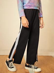 LOONEY TUNES X SHEIN Girls Rabbit & Letter Graphic Contrast Side Seam Split Hem Joggers - Black - View 6