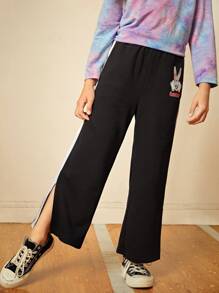 LOONEY TUNES X SHEIN Girls Rabbit & Letter Graphic Contrast Side Seam Split Hem Joggers - Black - View 7
