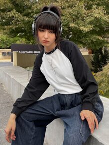 DAZY 撞色插肩袖T恤 - 黑與白 - 查看 4