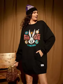 LOONEY TUNES X SHEIN Rabbit & Letter Graphic Drop Shoulder Sweatshirt Dress - Black - View 1