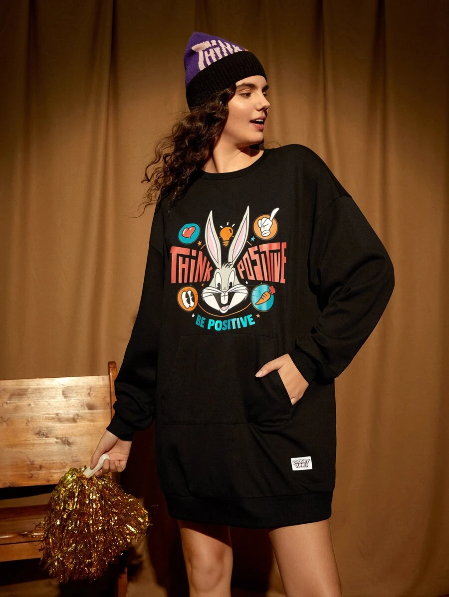 LOONEY TUNES X SHEIN Rabbit & Letter Graphic Drop Shoulder Sweatshirt Dress - Black - View 1