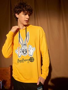 LOONEY TUNES X SHEIN Men Letter and Cartoon Graphic Drawstring Hoodie - Mustard Yellow - View 2