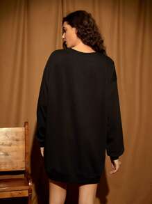 LOONEY TUNES X SHEIN Rabbit & Letter Graphic Drop Shoulder Sweatshirt Dress - Black - View 2
