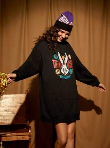 LOONEY TUNES X SHEIN Rabbit & Letter Graphic Drop Shoulder Sweatshirt Dress - Black - View 6