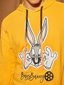 LOONEY TUNES X SHEIN Men Letter and Cartoon Graphic Drawstring Hoodie - Mustard Yellow - View 6