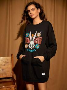 LOONEY TUNES X SHEIN Rabbit & Letter Graphic Drop Shoulder Sweatshirt Dress - Black - View 7