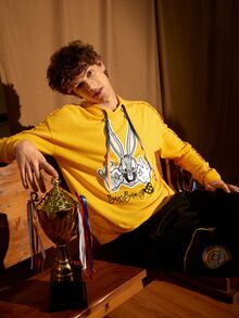 LOONEY TUNES X SHEIN Men Letter and Cartoon Graphic Drawstring Hoodie - Mustard Yellow - View 7