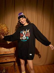LOONEY TUNES X SHEIN Rabbit & Letter Graphic Drop Shoulder Sweatshirt Dress - Black - View 8