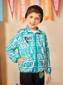 LOONEY TUNES X SHEIN Cậu bé Tween Thêu Hoạt hình Dây kéo Áo khoác - Xanh và trắng - Xem 1