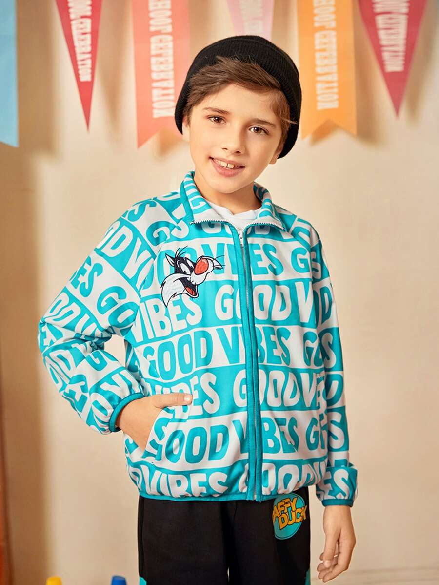 LOONEY TUNES X SHEIN Cậu bé Tween Thêu Hoạt hình Dây kéo Áo khoác - Xanh và trắng - Xem 1