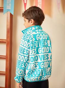 LOONEY TUNES X SHEIN Cậu bé Tween Thêu Hoạt hình Dây kéo Áo khoác - Xanh và trắng - Xem 2