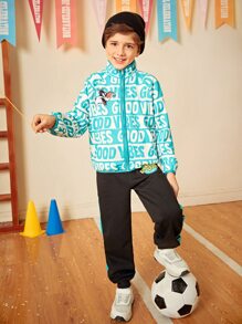 LOONEY TUNES X SHEIN Cậu bé Tween Thêu Hoạt hình Dây kéo Áo khoác - Xanh và trắng - Xem 3