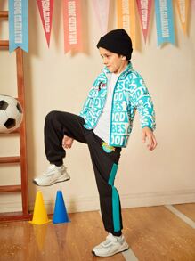 LOONEY TUNES X SHEIN Cậu bé Tween Thêu Hoạt hình Dây kéo Áo khoác - Xanh và trắng - Xem 4