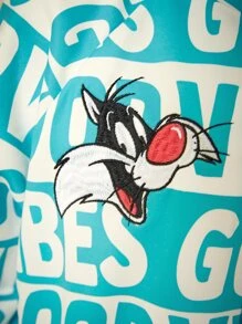 LOONEY TUNES X SHEIN Cậu bé Tween Thêu Hoạt hình Dây kéo Áo khoác - Xanh và trắng - Xem 6