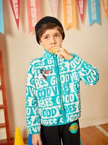 LOONEY TUNES X SHEIN Cậu bé Tween Thêu Hoạt hình Dây kéo Áo khoác - Xanh và trắng - Xem 7
