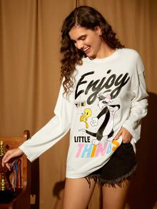 LOONEY TUNES X SHEIN Cartoon & Letter Graphic Drop Shoulder Tee - White - View 6