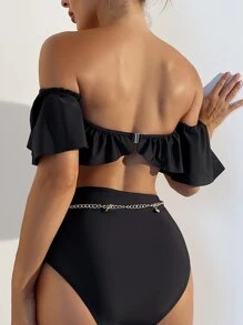 Conjunto de bikini de verano con ribetes de volantes y escote en hombros descubiertos con cadena - Negro - Ver 2