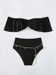 Conjunto de bikini de verano con ribetes de volantes y escote en hombros descubiertos con cadena - Negro - Ver 4